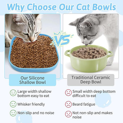 Fhiny 2PCS Silicone Cat Bowls Set 7.1 x 7.1 in Shallow Dog Dish Whisker Friendly Cat Food Plate for Dry & Wet Food Dishwasher Safe Non-Slip Pet Feeding Bowls for Kittens and Puppies (Blue)