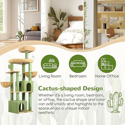 Globlazer Sturdy Cat Tree, 68-inch Large Cat Tower for Indoor Adult Cats 20 lbs Heavy Duty Cat Tree for Big Cats with Extra Large Platform, 5 Scratching Post, S68, Green