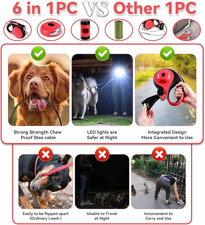 Heavy Duty Retractable Dog Leash for Large Dogs, 26ft Dog Leash with Poop Bag Holder, Up to 110lbs, chew Proof Cable, LED Light, 360° No-Tangle, One-Handed Pause & Locked. (Red, L 26ft)