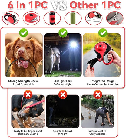 Heavy Duty Retractable Dog Leash for Large Dogs, 26ft Dog Leash with Poop Bag Holder, Up to 110lbs, chew Proof Cable, LED Light, 360° No-Tangle, One-Handed Pause & Locked. (Red, L 26ft)