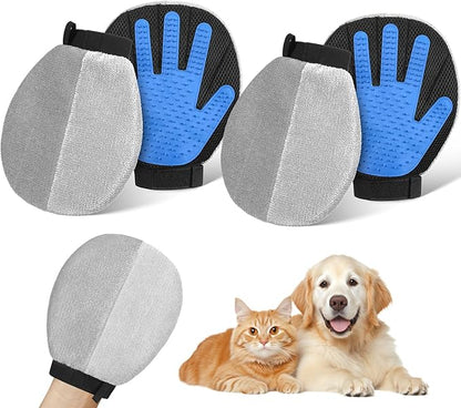 Pawaboo 2 Pack Pet Hair Removal Gloves, Dual-Side Electrostatic Hair Removal & Silicone Fur Brush for Dogs and Cats, Reusable Five-Finger Pet Fur Grooming Glove for Couch Carpet Clothes, Blue & Grey
