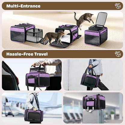 Top and 2 Sides Expandable Cat Carrier 18x11x11, TSA Airline Approved Dog Carriers for Small Dogs, Soft-Sided Pet Carrier with Self-Locking Zippers for Kitten,Rabbit, Puppy, Guinea Pig Purple