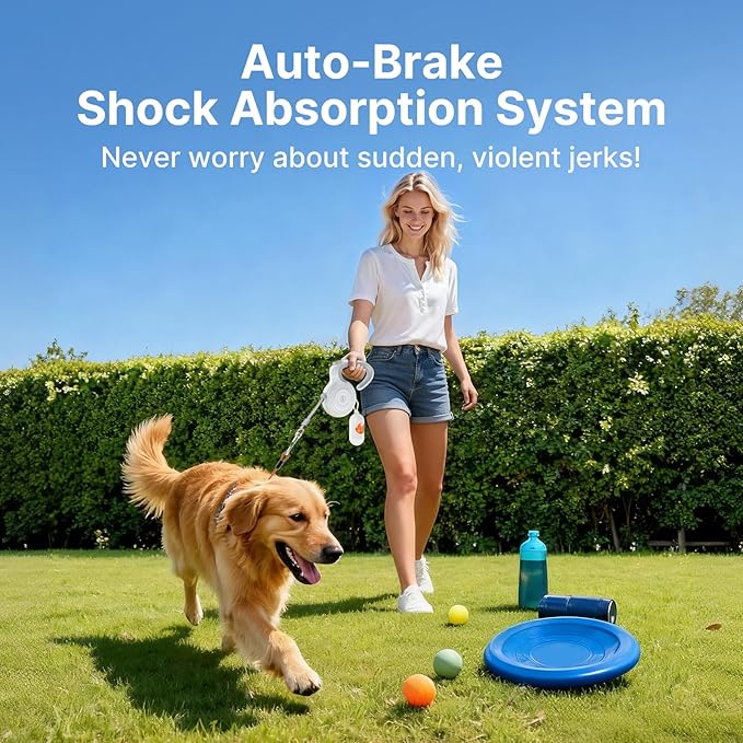 16Ft Auto-Brake Retractable Dog Leash with Chew-Proof Steel Cable, 360° Tangle-Free, Shock Absorbing, Built-in Poop Bag Dispenser, Ergonomic Comfort Grip Handle for Medium Large Dogs Up to 130lbs