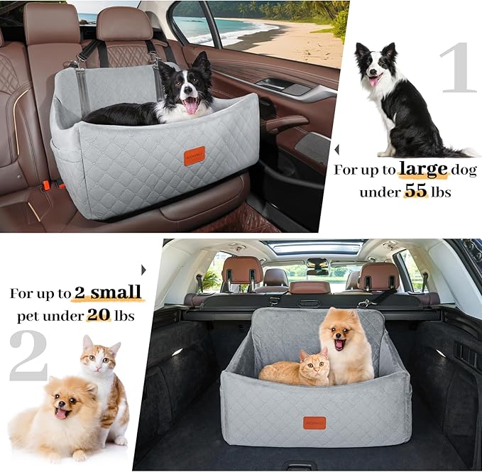 Wooaidagg Dog Car Seat for Medium & Large Dogs Up to 55lbs, Memory Foam Cushion, Washable Cover, Safety Straps & Non-Slip Base(Grey,Large)