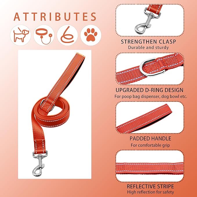 Reflective Dog Collar with Safety Locking Buckle, Adjustable Soft Breathable Nylon Collars for Small, Medium and Large Dogs(Collar+Leash S Width 3/4" Orange)