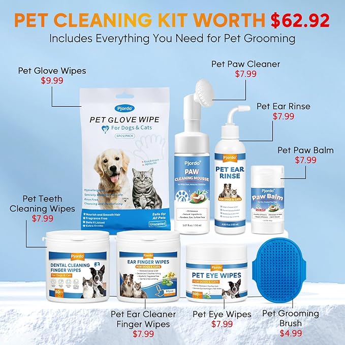 Dog Wipes Cleaning Deodorizing, Grooming Wipes & Paw Cleaner, Pet Cleaning Kit for Teeth, Ears, Eyes, Paw, Body, Ear Rinse, Essential Dog Supplies Set