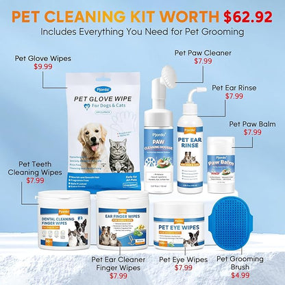 Dog Wipes Cleaning Deodorizing, Grooming Wipes & Paw Cleaner, Pet Cleaning Kit for Teeth, Ears, Eyes, Paw, Body, Ear Rinse, Essential Dog Supplies Set