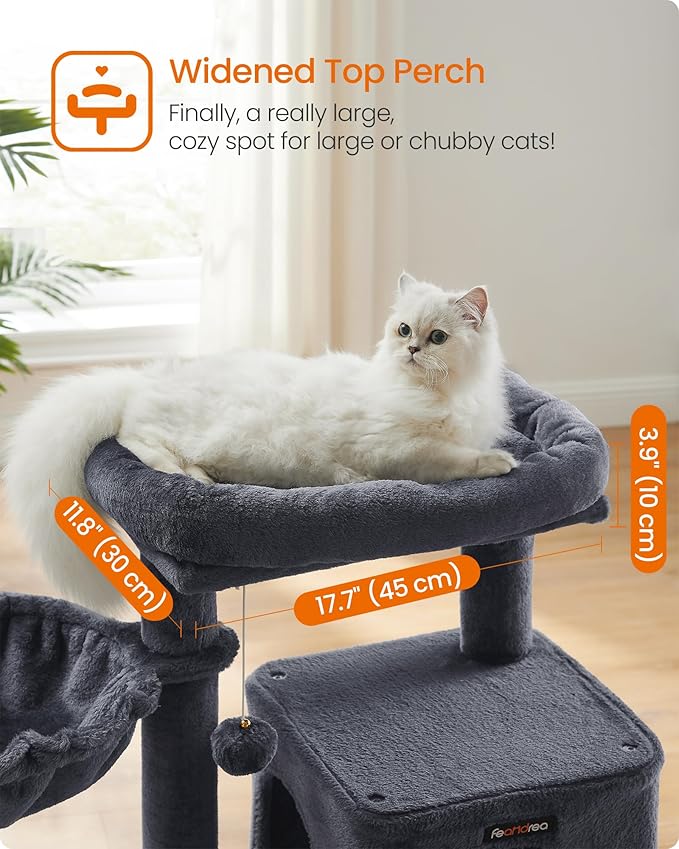Feandrea Cat Tree, 37.8-Inch Cat Tower, Multi-Level Condo with Widened Perch, Scratching Posts and Ramp, 2-Door Cave, Hammock, Smoky Gray UPCT51G