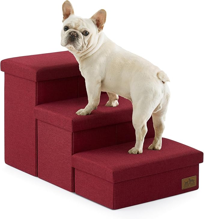 Dog Stairs with Storage, 3-Step Wider Sturdy Dog Steps for Small/Medium/Large Dogs and Older Cats, Folding Doggie Ramp for Bed/Couch/Car Hold Up to 180 lbs (16.7" H, Burgundy)