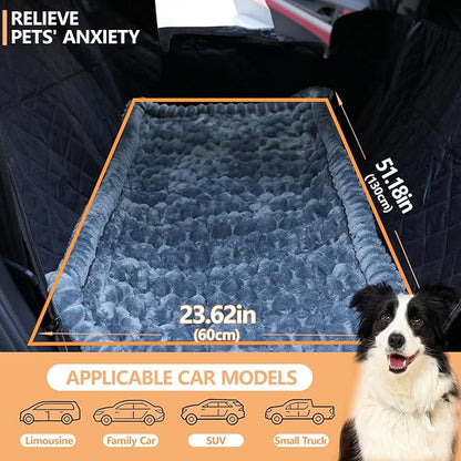 2-in-1 Dog Car Seat Cover & Dog Car Pet Bed Mat for Back Seat, Waterproof Pet Hammock with Soft Plush Cushion, Nonslip Backseat Protector for Dogs, Fits Cars SUVs Trucks