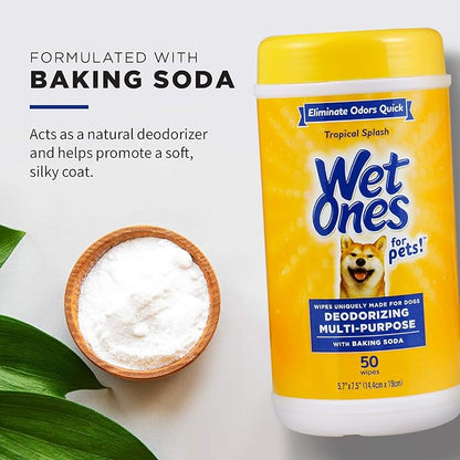 Wet Ones for Pets Deodorizing Multi-Purpose Dog Wipes with Baking Soda, 50 Count - 3 Pack| Dog Deodorizing Wipes for All Dogs in Tropical Splash Scent, Wipes for Deodorizing Dogs