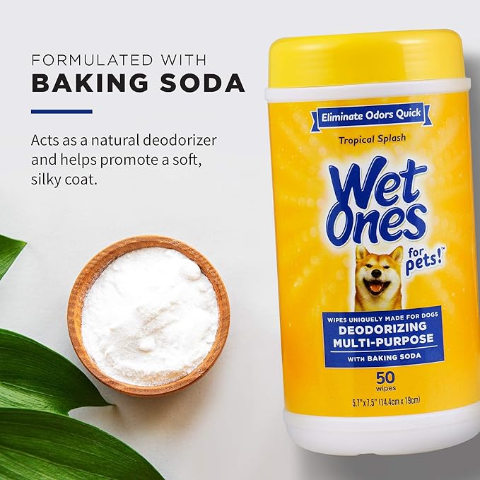 Wet Ones for Pets Deodorizing Multipurpose Dog Wipes with Baking Soda, Tropical Splash Scent - Desmellizing Wipes for Dogs in Canister, 50 Count - 12 Pack