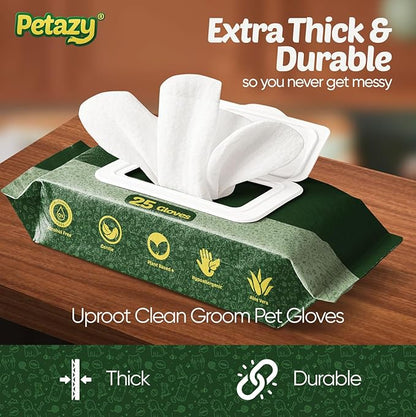 Pet Glove Wipes for Dogs & Cats – Hypoallergenic Thick Cleaning Gloves with Aloe & Coconut Oil for Paws, Face, Ears & Butt, Instant No Rinse Grooming Wipes to Deodorize and Hydrate, 25 Pack