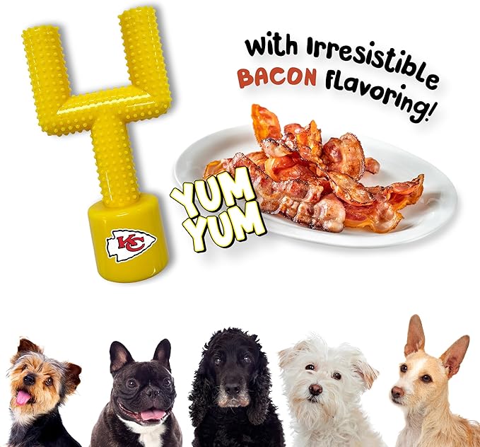 NFL Kansas City Chiefs Mega-Chew Hard Nylon Bacon-Flavored Dog Bone Football Goal Post Chew Toy. Interactive Tasty Fun Pet Chew Toy. Indestructible Strong & Durable Extra Tough Dog Toy