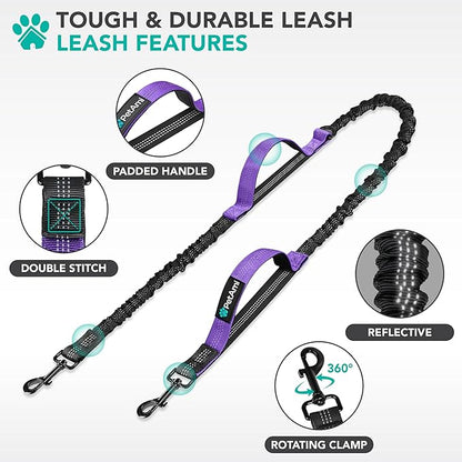 PetAmi Heavy Duty Hands Free Dog Leash, Adjustable Waist Belt for Large Dog Walking Up to 125 lbs, Bungee Leash for Pet Running, Hiking, Reflective Safety for Jogging, Biking, Purple Handle