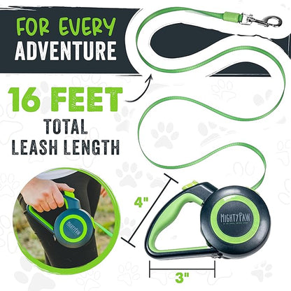 Mighty Paw Retractable Dog Leash 2.0 | 16' Heavy Duty Reflective Nylon Tape Lead for Pets up to 0-50 lbs. Tangle Free Design W/One Touch Quick-Lock Braking System & Anti-Slip Handle (Green/Lite)