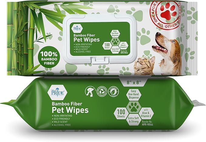 MED PRIDE Bamboo Fiber Dog Wipes for Paws and Butt, Hypoallergenic Paw Wipes, Biodegradable, XL 8in X 8in, Aloe Vera & Vitamin E (Pack of 100 Wipes)