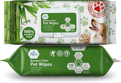 MED PRIDE Bamboo Fiber Dog Wipes for Paws and Butt, Hypoallergenic Paw Wipes, Biodegradable, XL 8in X 8in, Aloe Vera & Vitamin E (Pack of 100 Wipes)