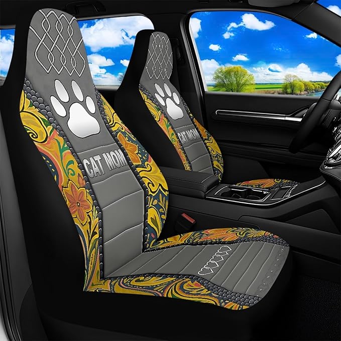 Cat Mom Paw Car Seat Covers 2 Pcs Waterproof Universal Front Seat Protective Cover Boho Flower Easy to Install Automobile Interior Decorate Accessories Fit for Car SUV Trucks