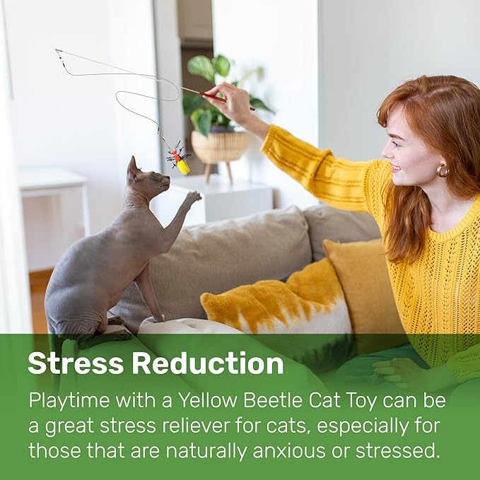 2 Inch Handmade Cat Toy Teaser Wand Refill Beetle - Yellow Natural Material Toys, Hunting Instinct Play, Interactive Exercise Attachment Set for Indoor Cats