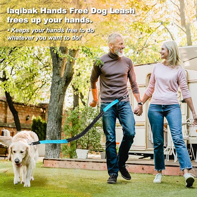 Hands Free Dog Leash, Adjustable Waist Leash for Dog, Handle Bungee 4.2-6.7 Feet Long with Reflective Stitches for Walking Hiking Running, Fits 26"- 43" Waist, Black & Blue