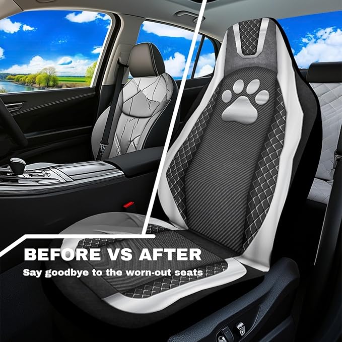 Paw Print Waterproof Car Seat Cover Front Seats Only Anti-Slip Back Fabric Automobile Front Seat Covers Checkered Stripe Print Car Accessory Universal Fit for Truck SUV Van Sedan