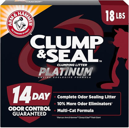 ARM & Hammer Clump & Seal Platinum Cat Litter, Multi-Cat, 14-Day Odor Control, Rock-Hard Clumps, 18 lbs – Powerful Odor Eliminator with Baking Soda