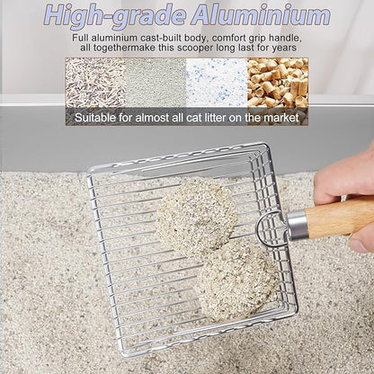 Cat Litter Scooper with Holder, Metal Cat Litter Scoop, Stainless Steel Sifting Shovel, Poop Sifter&Speed Sifter, Heavy Duty Wood Grip Kitty Litter Scooper for Easy Cleaning, Cats Accessories