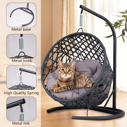 Anwick Cat Swing Bed with Stand & Cushion Indoor Outdoor, Egg Chair with Rattan Wicker Appearance, Indoor Hanging Swinging Hammocks for Cat, Dogs, and Small Animals Bedroom Porch (Gray-2)