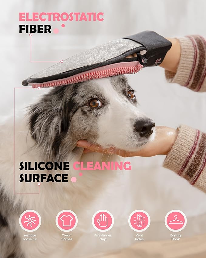 Pet Hair Removal Glove for Dogs & Cats, 2-in-1 Double-Sided Pet Grooming Tool, Electrostatic Pet Hair Remover Glove for Clothes & Furniture + Silicone Brush for Deshedding Pets,Pink