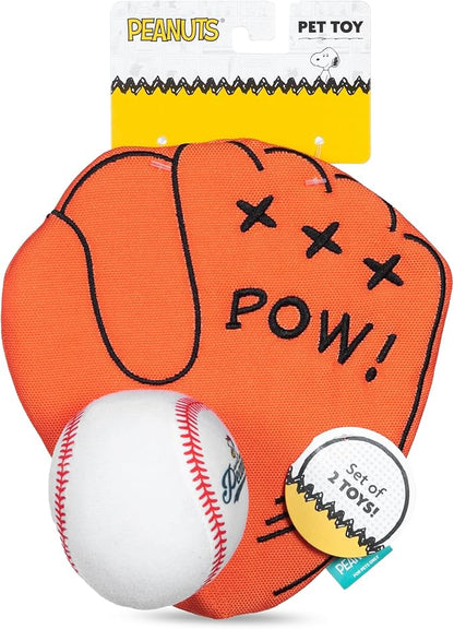 Peanuts for Pets 2-Piece Interactive Dog Toy Set - Durable Canvas Baseball Glove and Ball Toy for Large, Medium, Small Dogs - Fun Fetching and Chew Toys with Crinkle Sound, 7 Inch