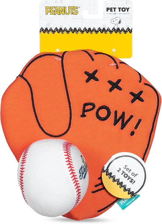 Peanuts for Pets 2-Piece Interactive Dog Toy Set - Durable Canvas Baseball Glove and Ball Toy for Large, Medium, Small Dogs - Fun Fetching and Chew Toys with Crinkle Sound, 7 Inch