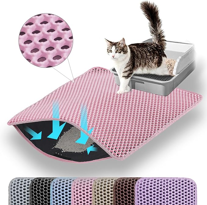 Small Cat Litter Mat, 20x14’’ Double Layer Honeycomb Cat Litter Box Mat, Non Slip Waterproof Urine Proof Litter Trapping Mat for Floor, Kitty Litter Pad, Indoor Pet Supplies, Pink