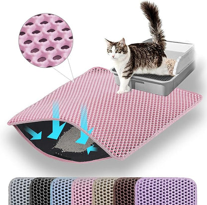 Small Cat Litter Mat, 20x14’’ Double Layer Honeycomb Cat Litter Box Mat, Non Slip Waterproof Urine Proof Litter Trapping Mat for Floor, Kitty Litter Pad, Indoor Pet Supplies, Pink