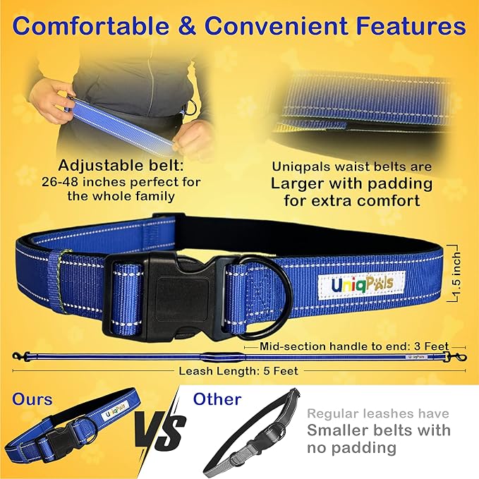 Hands-Free Leash for Small to Large Dogs 5ft - Heavy Duty Adjustable Waist Belt, Padded Handles, Reflective Stitching, Satin Carry Bag for Walking, Running, Hiking