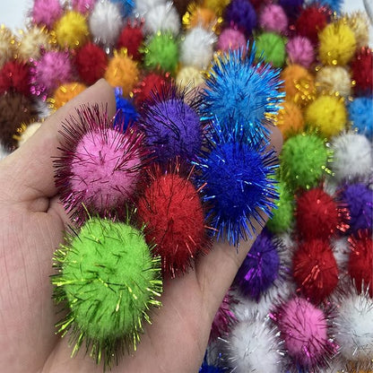 100 Pcs Assorted Color Sparkle Balls, 1.8 Inch Pom Pom Cat Toys Fuzzy Cat Balls, for Kittens Exercise and Entertainment, Color Random