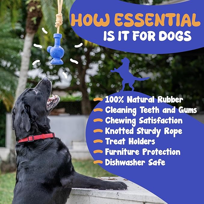 Dog Tug Toy with Rope Dog Entertaining, Treat Dispensing Dog Toy, Works for All Dog Sizes and Breeds. Fun Novelty Gift - Rubber Dog Toy with Funny Shape Tug-A-War - Blue Body & Orange Rope