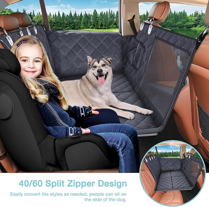 Back Seat Extender for Dogs + 2 Dog Seat Belts, Waterproof Heavy Duty Hard Bottom Car Seat Cover for Dogs with Door Protector Cover & Mesh Window | Dog Hammock for Car Pet Seat Protector for Car/Suv