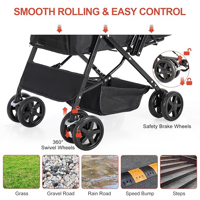 Lightweight Dog Stroller with Reversible Handle for Medium Small Dogs and Cats, Foldable Pet Stroller Travel Carriage with Large Storage Basket, 4 Wheels, Black