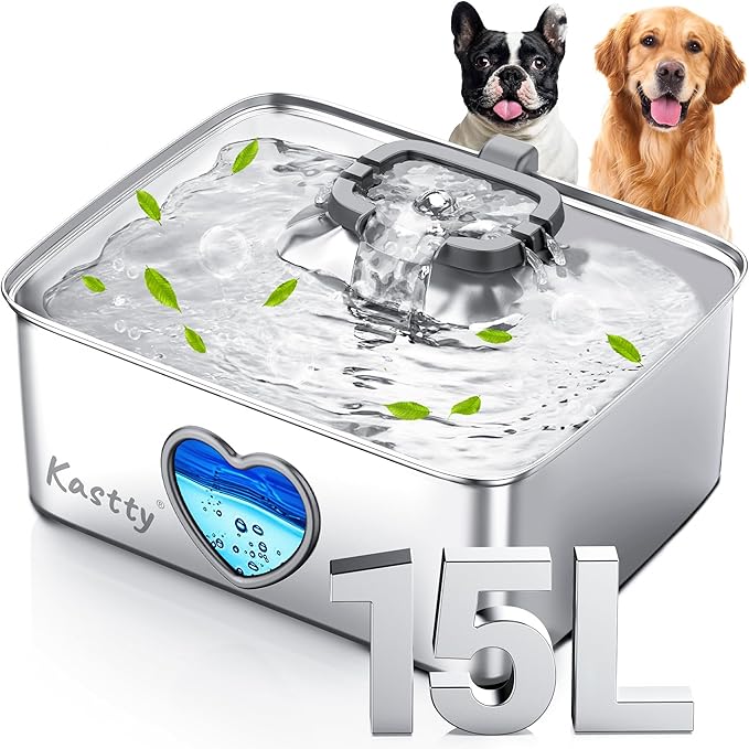 Kastty 15L/4Gal Dog Water Fountain, Stainless Steel Pet Water Bowl Dispenser with Visual Window, Automatic Dual-Color LED, 5-Stage Filtration, Ultra Quiet, for Large Medium Dogs & Multi-pet, FS80