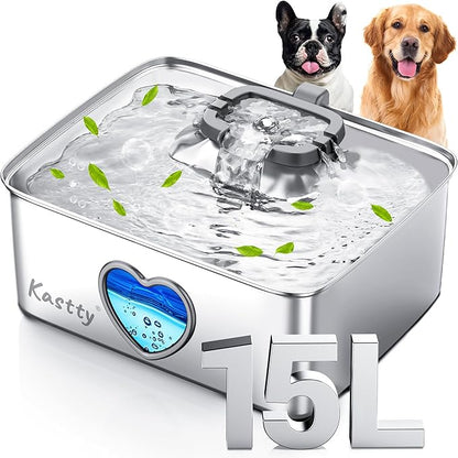 Kastty 15L/4Gal Dog Water Fountain, Stainless Steel Pet Water Bowl Dispenser with Visual Window, Automatic Dual-Color LED, 5-Stage Filtration, Ultra Quiet, for Large Medium Dogs & Multi-pet, FS80