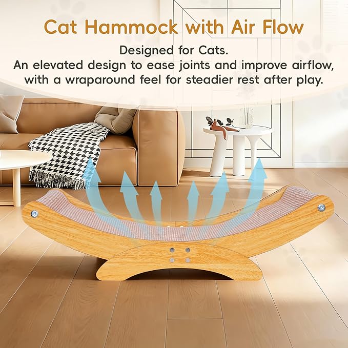 Cat Scratcher Bed for Indoor Cats - 23.6" Large Natural Sisal Cat Scratching Board, Wood Frame Scratch Pad, Modern Cats Lounger/Hammock, Easy Assembly Furniture
