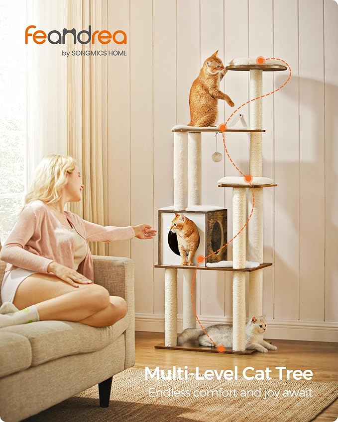 Feandrea Cat Tree, 64.6-Inch Modern Cat Tower, Multi-Level Condo with 5 Scratching Posts, Perch, Washable Removable Cushions, Cave, Rustic Brown UPCT166X01