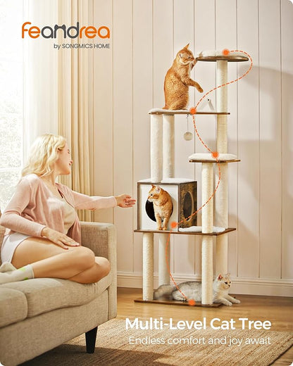 Feandrea Cat Tree, 64.6-Inch Modern Cat Tower, Multi-Level Condo with 5 Scratching Posts, Perch, Washable Removable Cushions, Cave, Rustic Brown UPCT166X01