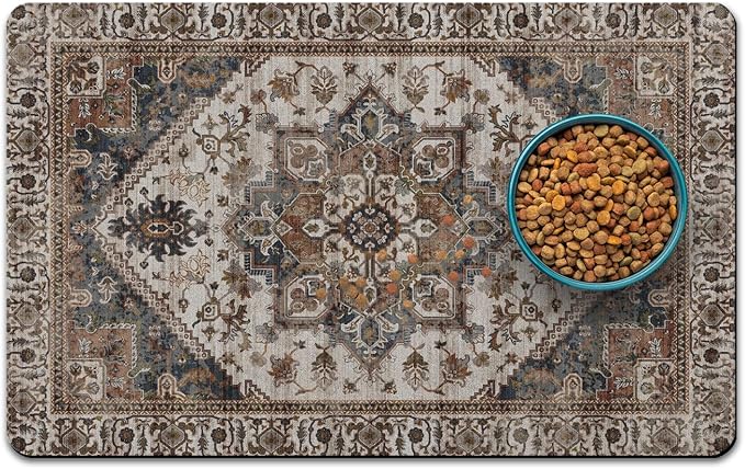 Dog Food Mats for Floors, Absorbent and Quick-Drying Pet Cat Food Mat,Anti-Fouling and Easy-to-Clean Pet Feeding Mat,Dog Bowl Mat for Messy Drinking Water Bowls.17 x27, Bohemia Style