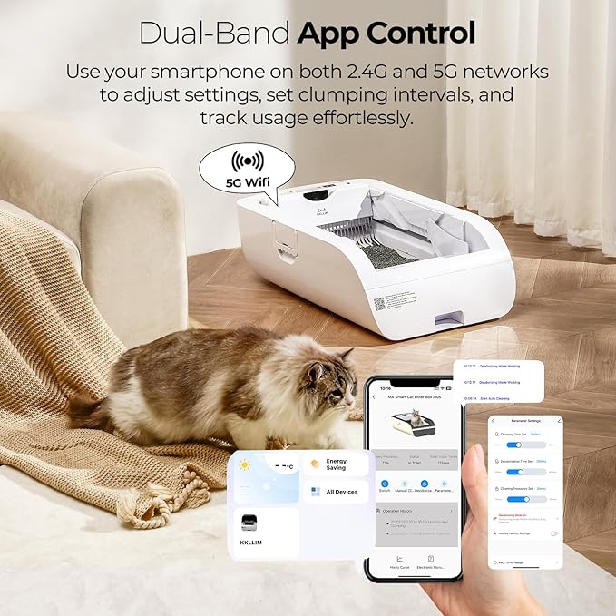 Self Cleaning Litter Box,Open-Top Automatic Cat Litter Box APP Control (2.4G/5G) with Health Tracking, Dual Safety Sensors&Odorless Design,Includes cat Litter & 3 Rolls Waste Bags (with Tent)