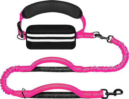 Hands Free Dog Leash with Zipper Pouch, Running Waist Leash for Dog Walking, Adjustable Waist Belt for Large Dogs, Reflective Bungee Design with Two Handle for Hiking, Training, Hot Pink