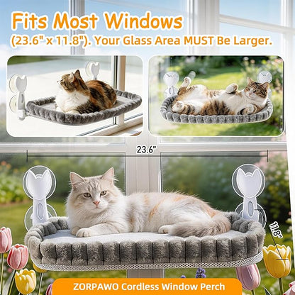Cat Window Perch - Cordless Foldable Double-Sided Cat Hammock with Metal Frame, Machine Washable Bed for Large Cats & Kittens to Sunbathe Safely-Gray