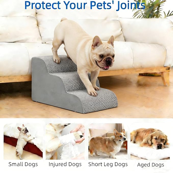 Simple Deluxe Dog Stairs for Small Dogs, 3-Step Curved Dog Step for Puppy, Older Cat, Medium Pet Ramp for Sofa, Couch or Chair, Indoor Non-Slip Pet Ladder with High Density Foam, Gray