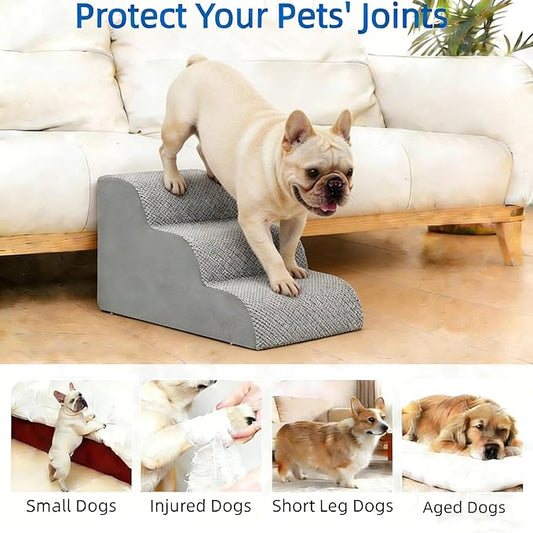 Simple Deluxe Dog Stairs for Small Dogs, 3-Step Curved Dog Step for Puppy, Older Cat, Medium Pet Ramp for Sofa, Couch or Chair, Indoor Non-Slip Pet Ladder with High Density Foam, Gray